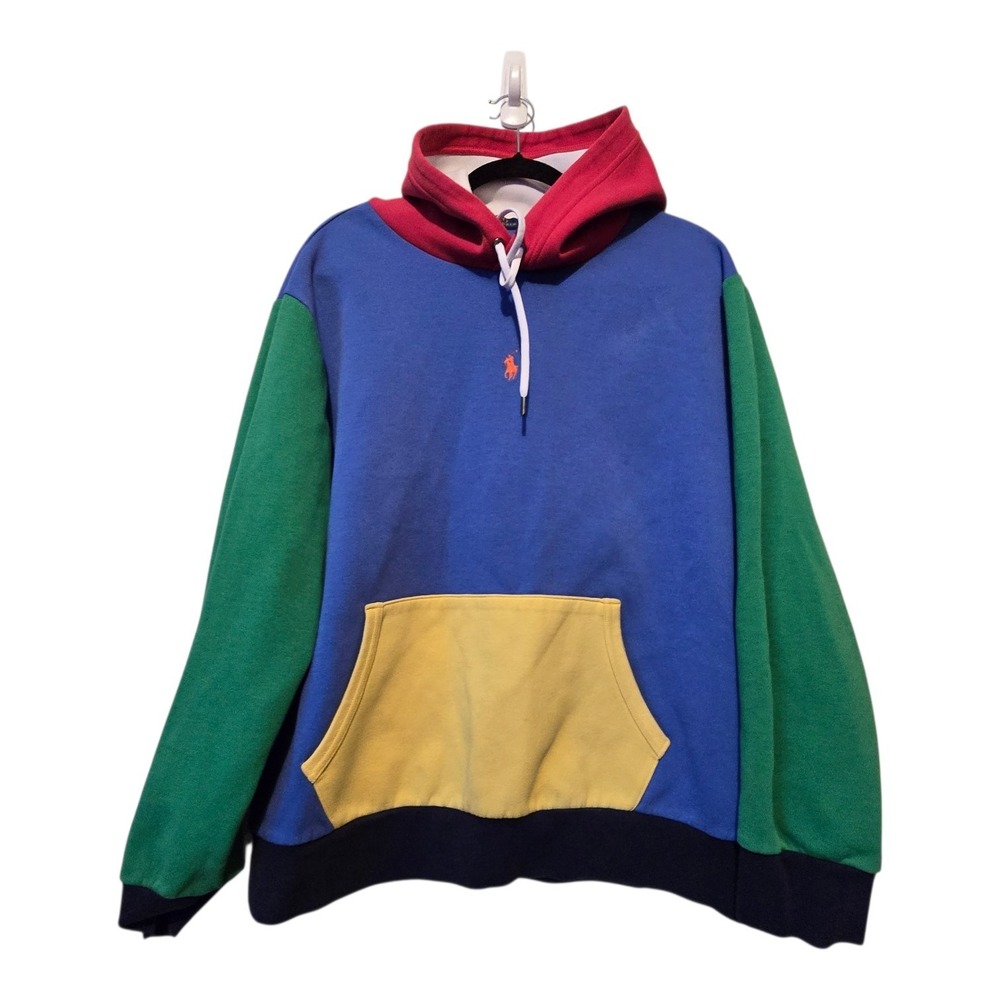 Polo Ralph‎ Lauren Color-Block Fleece Sweatshirt Hoodie Mens XL Blue Preppy Pony